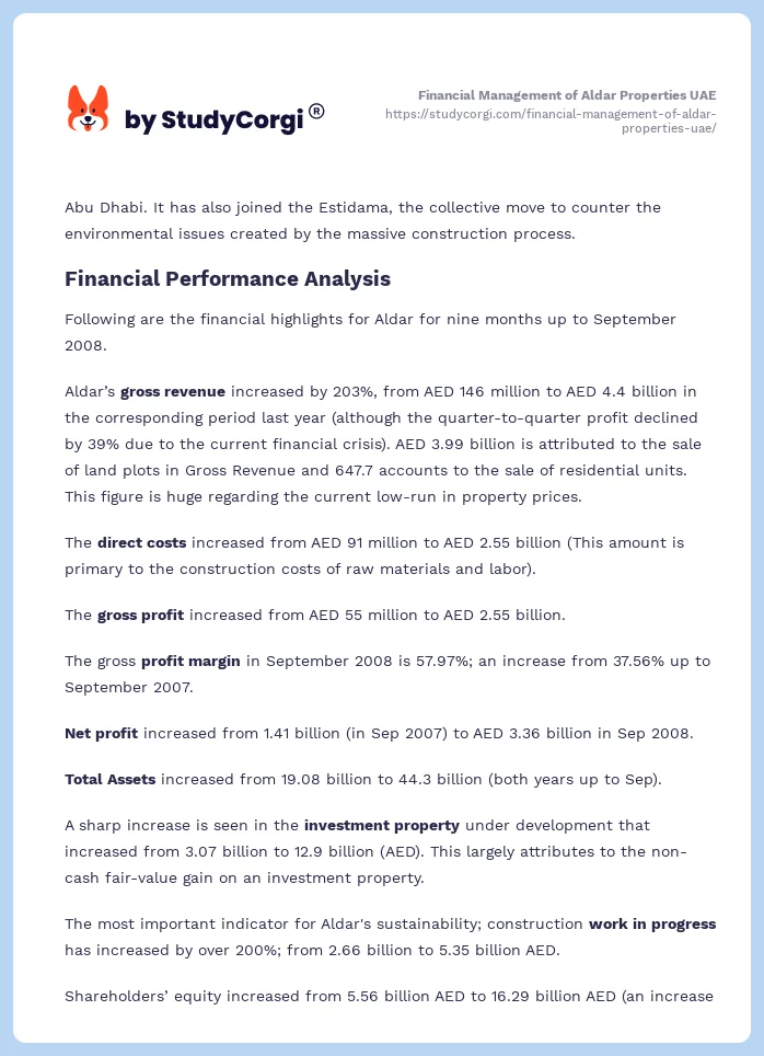 Financial Management of Aldar Properties UAE. Page 2