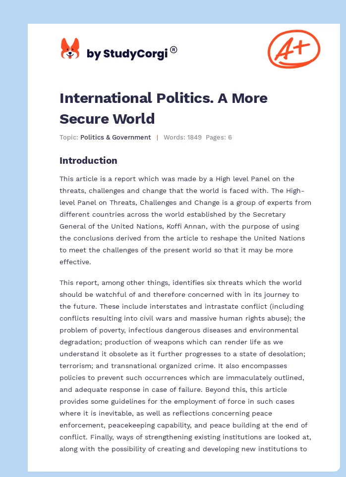 International Politics. A More Secure World. Page 1