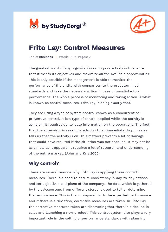 Frito Lay: Control Measures. Page 1