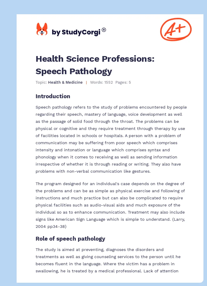 Health Science Professions: Speech Pathology. Page 1