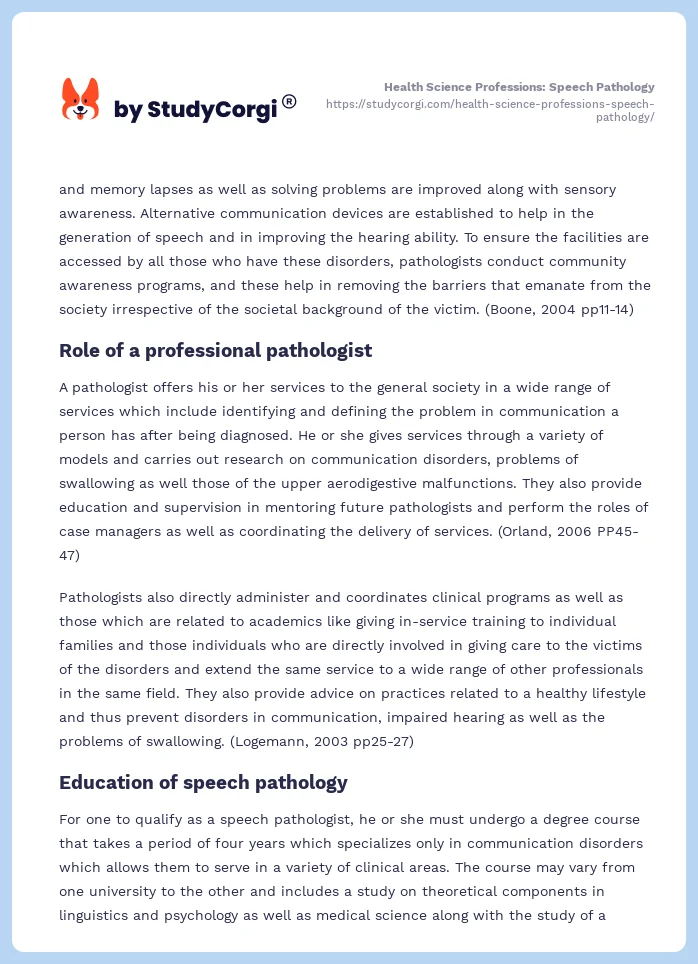 Health Science Professions: Speech Pathology. Page 2