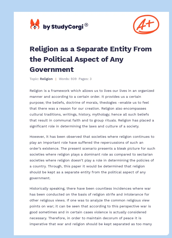 Religion as a Separate Entity From the Political Aspect of Any Government. Page 1