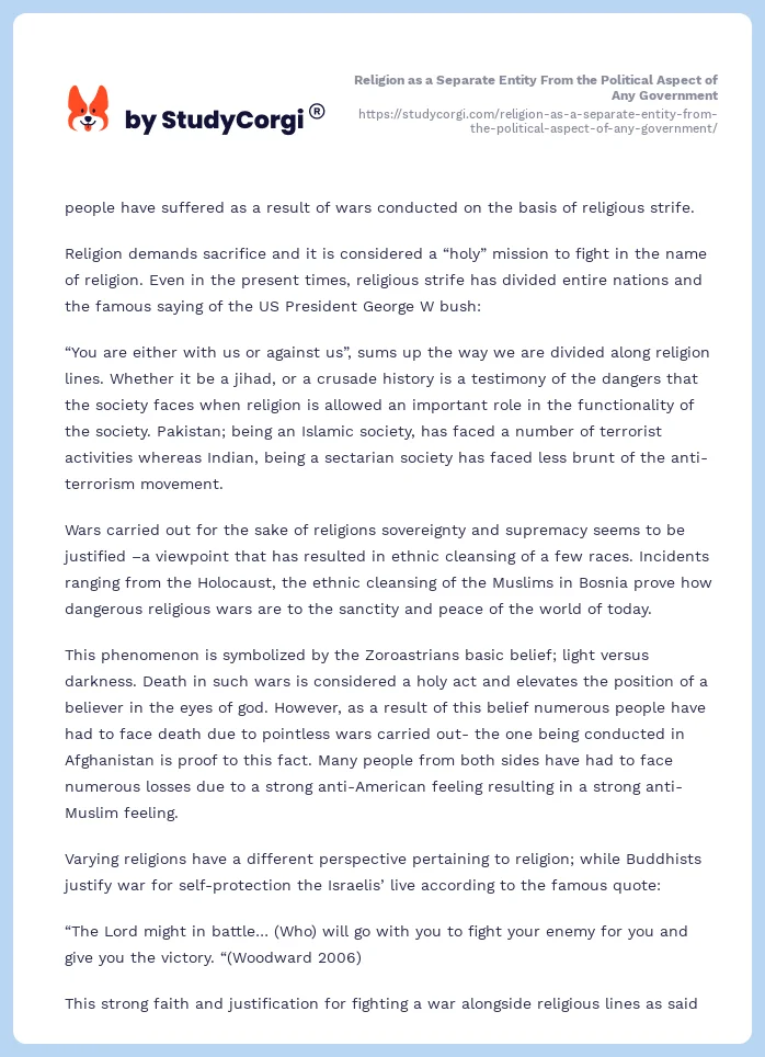 Religion as a Separate Entity From the Political Aspect of Any Government. Page 2