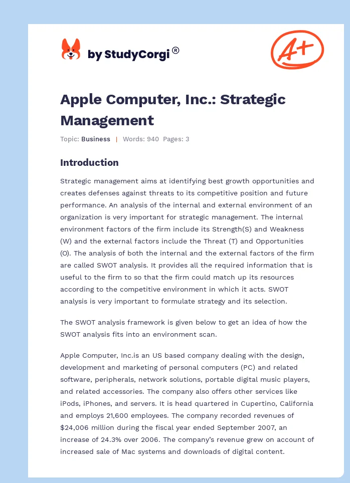 Apple Computer, Inc.: Strategic Management. Page 1