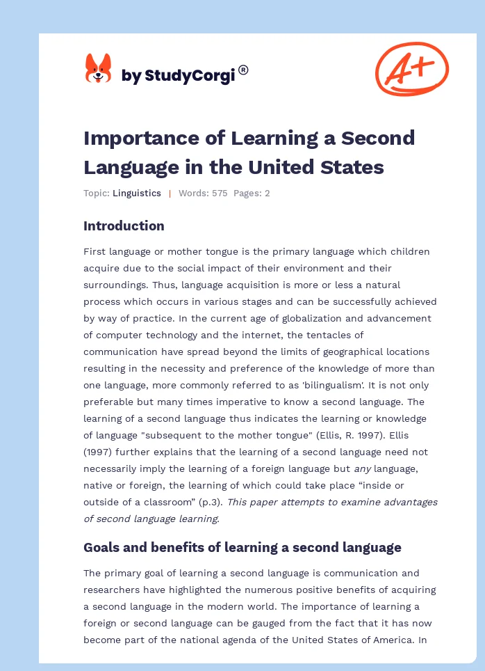 Importance of Learning a Second Language in the United States. Page 1