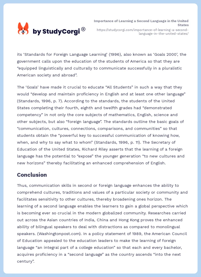 Importance of Learning a Second Language in the United States. Page 2