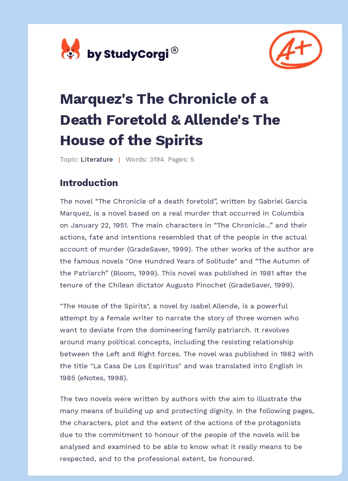 Marquez's The Chronicle of a Death Foretold & Allende's The House of the Spirits. Page 1