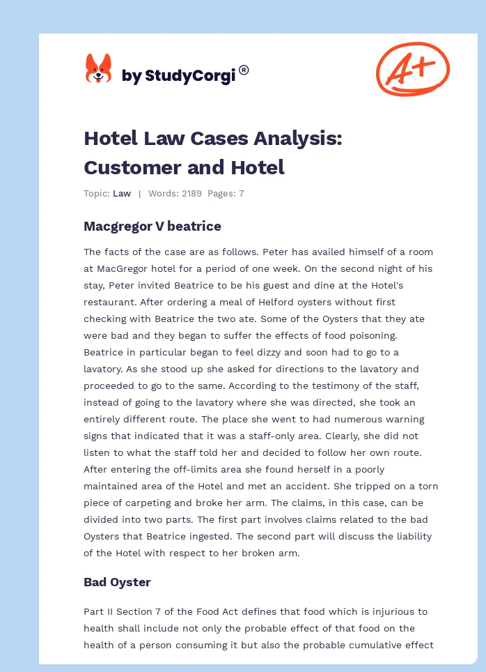 Hotel Law Cases Analysis: Customer and Hotel. Page 1