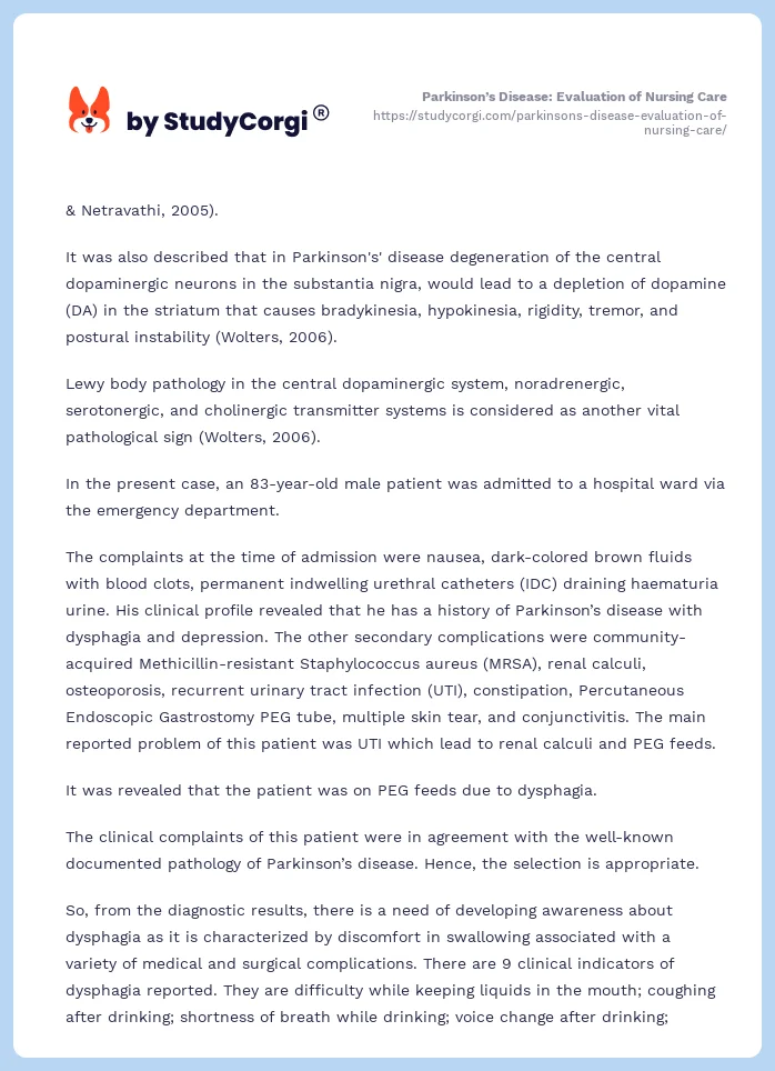 Parkinson’s Disease: Evaluation of Nursing Care. Page 2