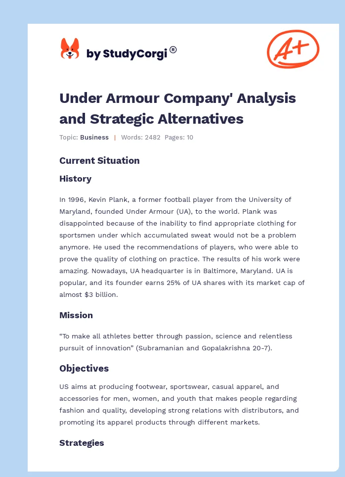 Under Armour Company' Analysis and Strategic Alternatives. Page 1