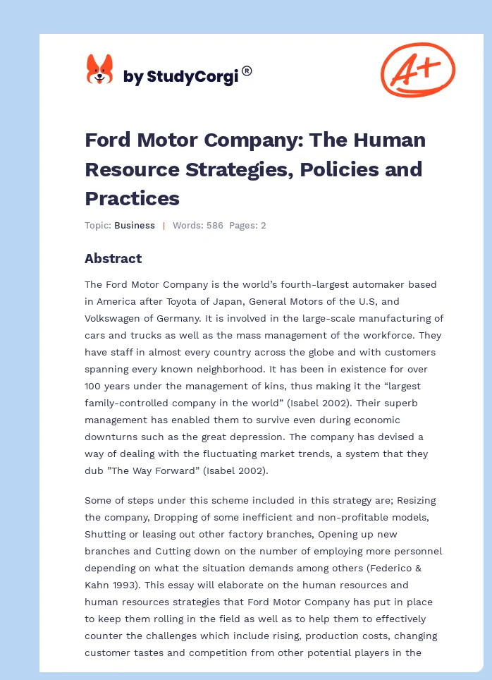 Ford Motor Company: The Human Resource Strategies, Policies and Practices. Page 1