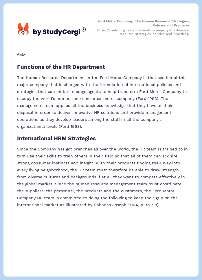 Ford Motor Company: The Human Resource Strategies, Policies and Practices. Page 2