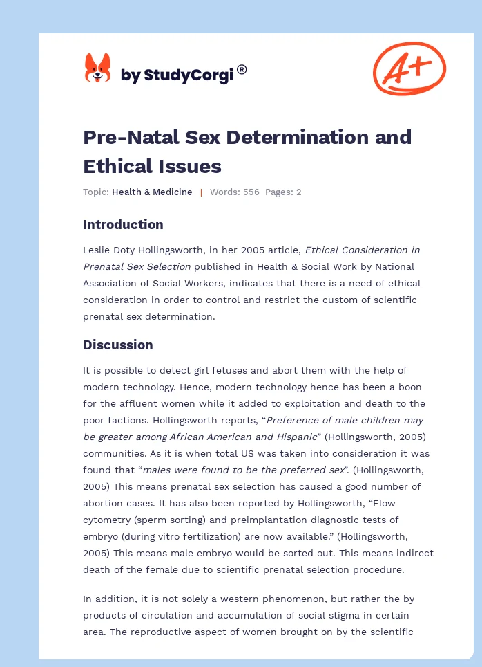 Pre-Natal Sex Determination and Ethical Issues. Page 1
