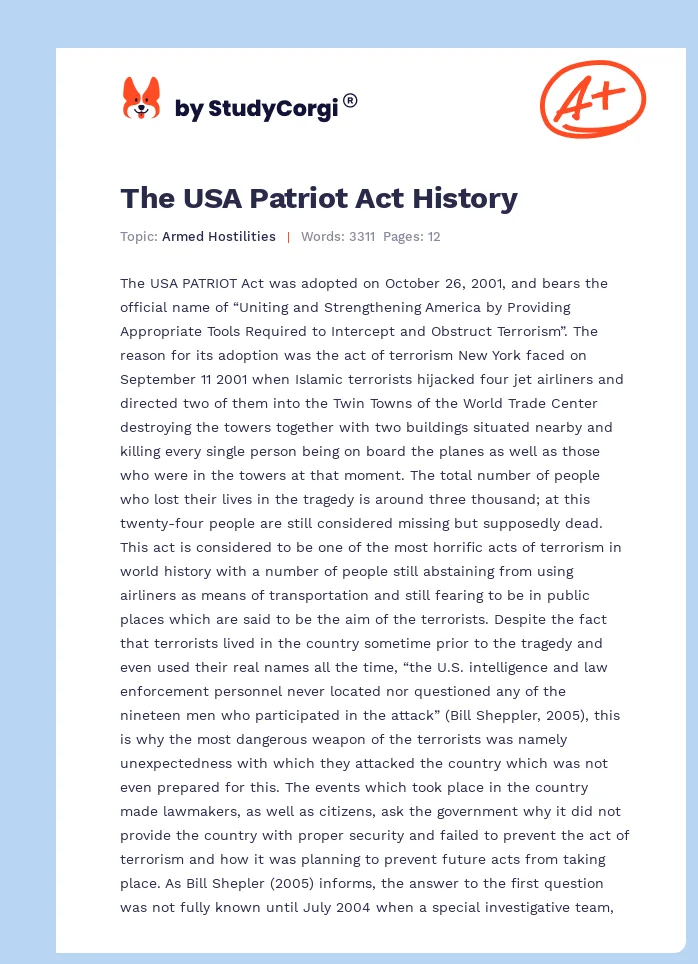 The USA Patriot Act History. Page 1