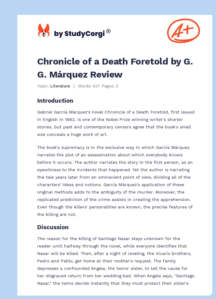 Chronicle of a Death Foretold by G. G. Márquez Review. Page 1
