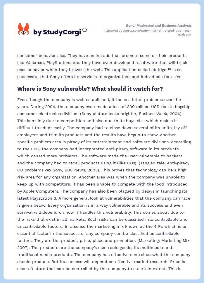 Sony: Marketing and Business Analysis. Page 2