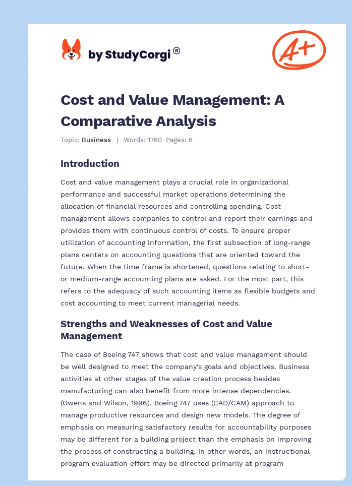 Cost and Value Management: A Comparative Analysis. Page 1