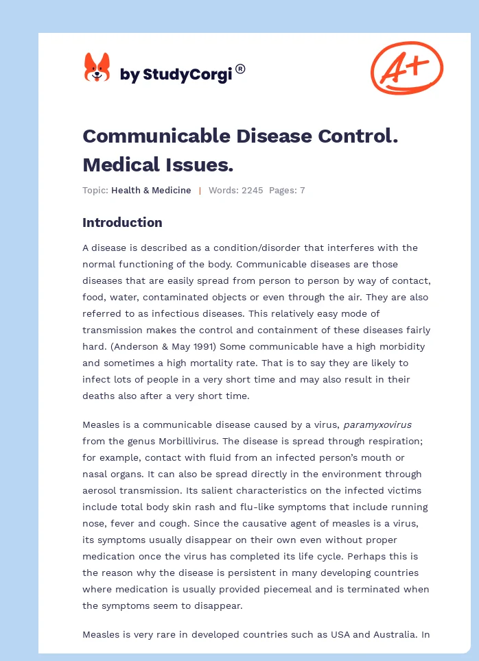 Communicable Disease Control. Medical Issues.. Page 1