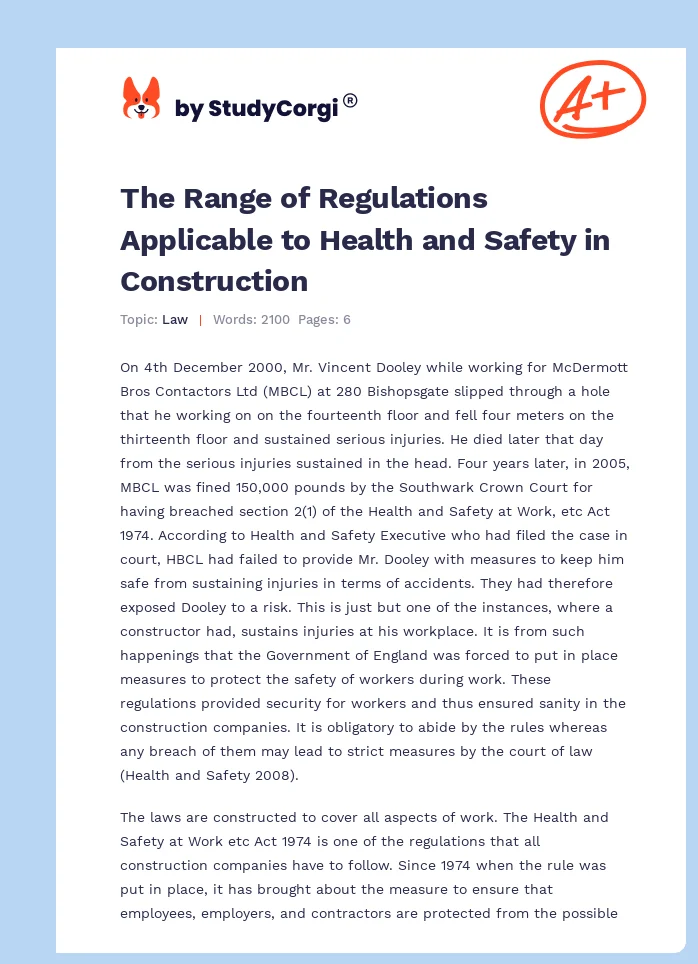 The Range of Regulations Applicable to Health and Safety in Construction. Page 1
