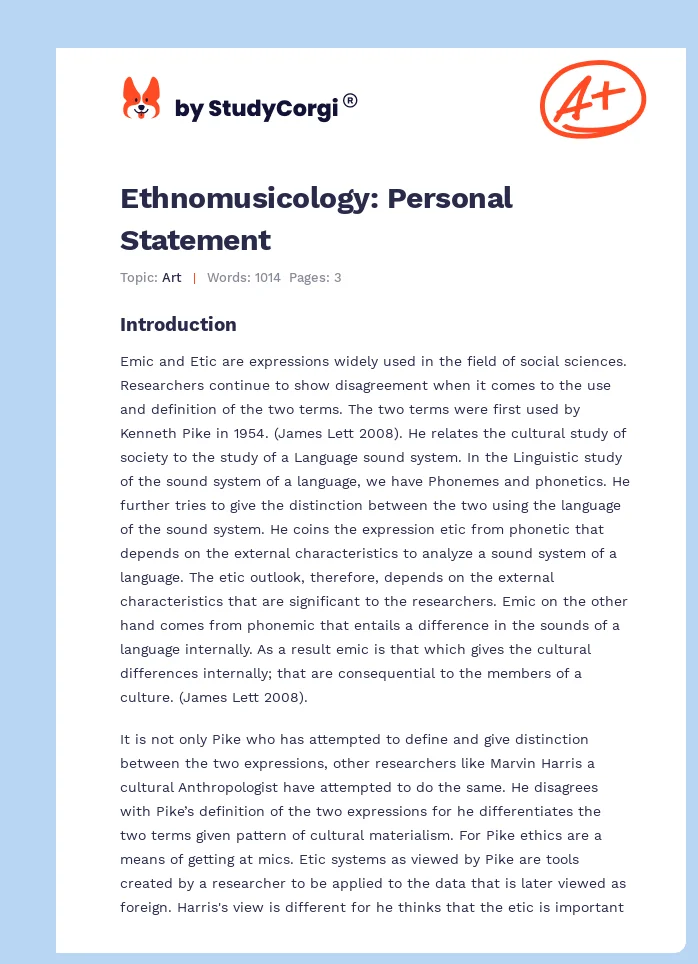 Ethnomusicology: Personal Statement. Page 1