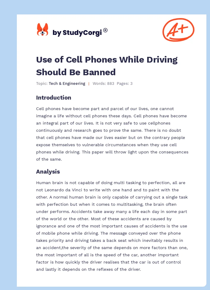 Use of Cell Phones While Driving Should Be Banned. Page 1