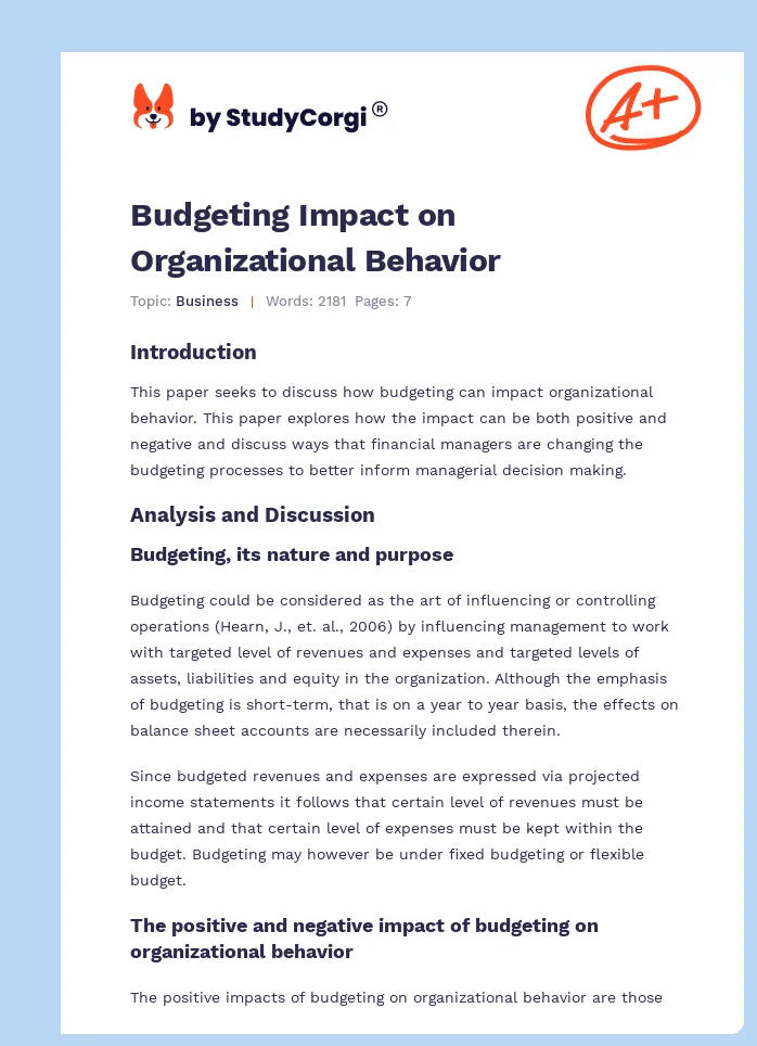 Budgeting Impact on Organizational Behavior. Page 1
