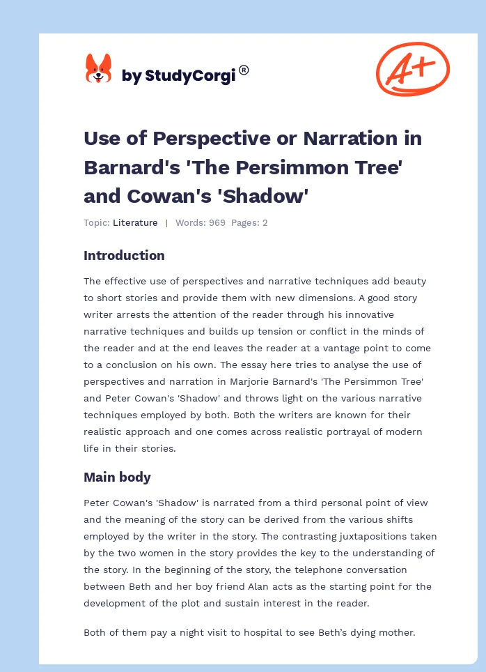 Use of Perspective or Narration in Barnard's 'The Persimmon Tree' and Cowan's 'Shadow'. Page 1