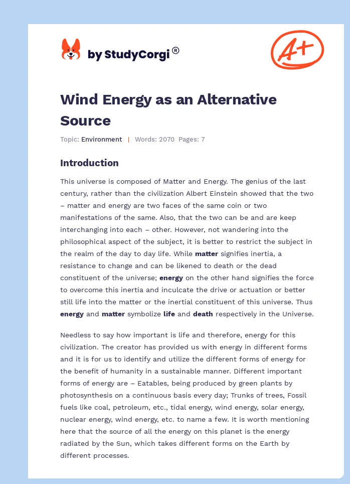 Wind Energy as an Alternative Source. Page 1