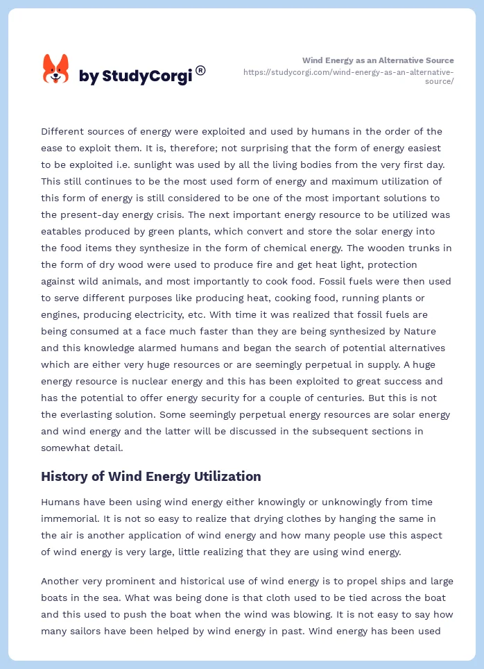 Wind Energy as an Alternative Source. Page 2
