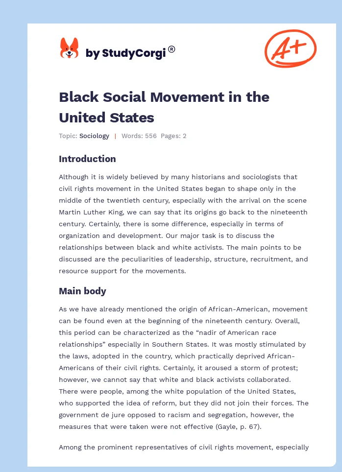 Black Social Movement in the United States. Page 1