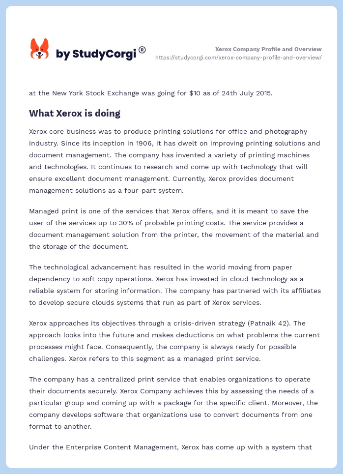 Xerox Company Profile and Overview. Page 2