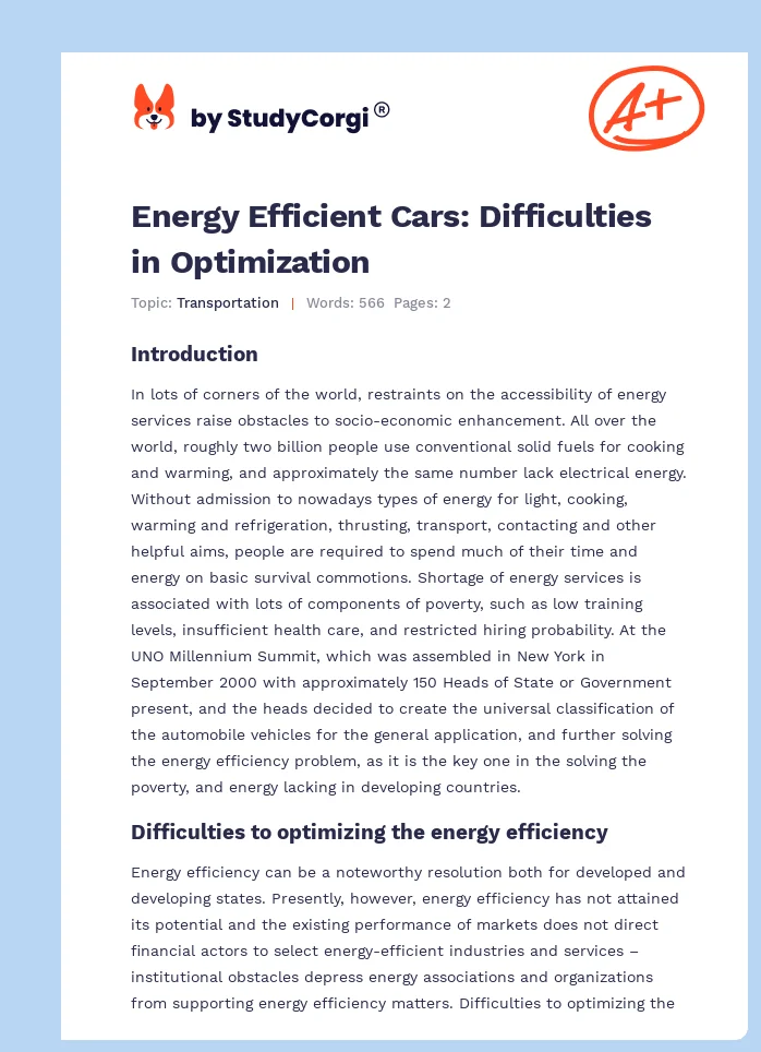 Energy Efficient Cars: Difficulties in Optimization. Page 1