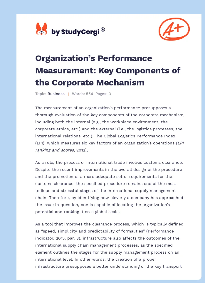 Organization’s Performance Measurement: Key Components of the Corporate Mechanism. Page 1