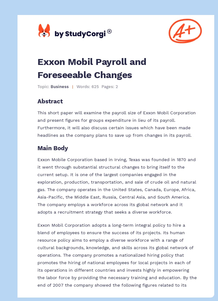 Exxon Mobil Payroll and Foreseeable Changes. Page 1