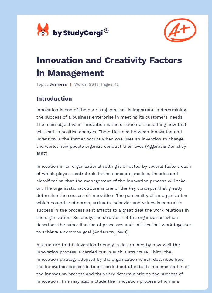 Innovation and Creativity Factors in Management. Page 1