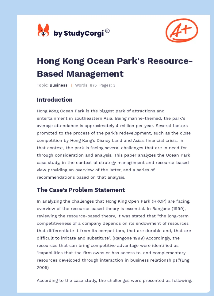 Hong Kong Ocean Park's Resource-Based Management. Page 1