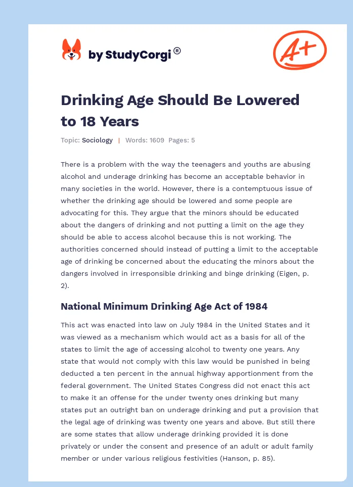 Drinking Age Should Be Lowered to 18 Years. Page 1