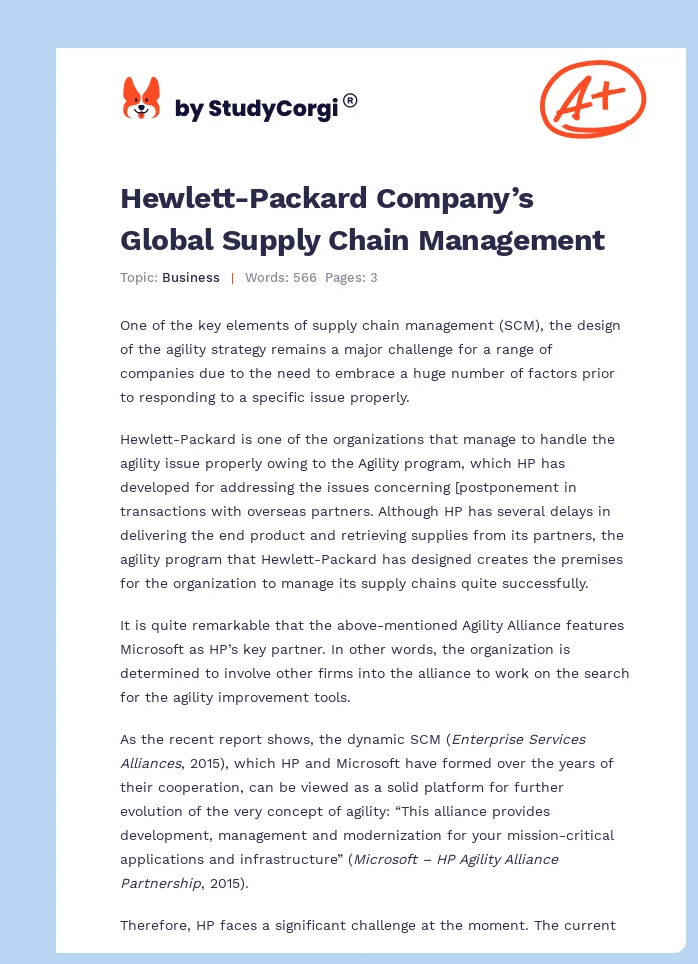 Hewlett-Packard Company’s Global Supply Chain Management. Page 1