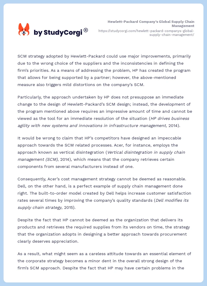 Hewlett-Packard Company’s Global Supply Chain Management. Page 2