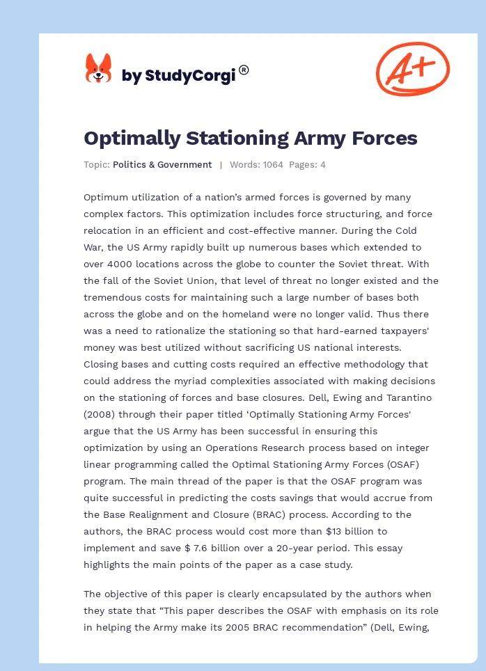 Optimally Stationing Army Forces. Page 1