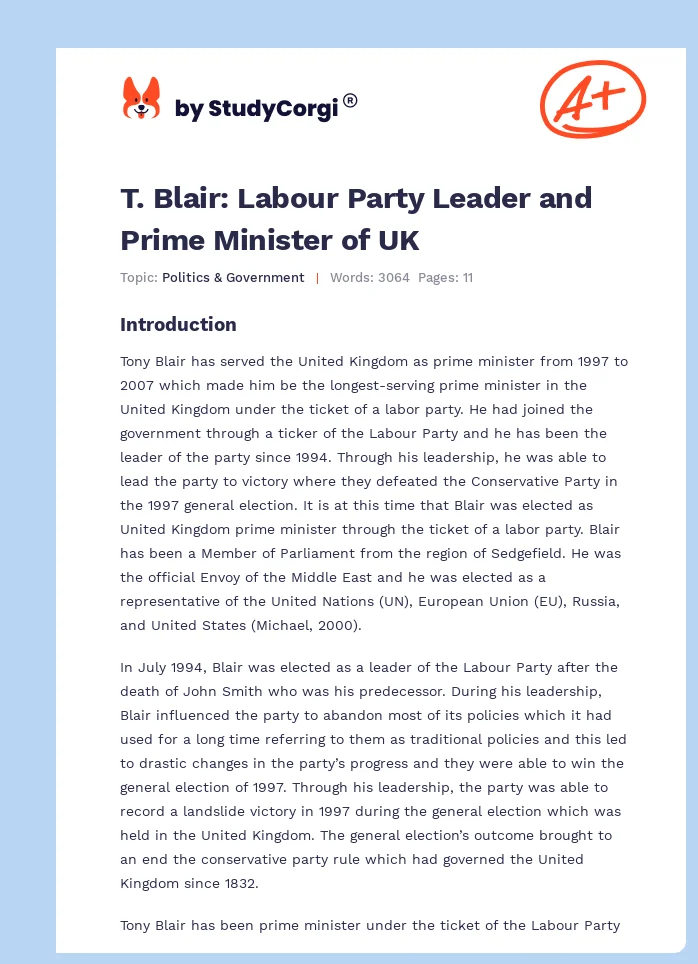 T. Blair: Labour Party Leader and Prime Minister of UK. Page 1