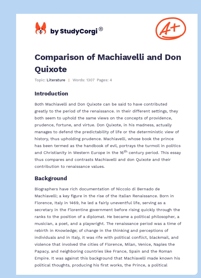 Comparison of Machiavelli and Don Quixote. Page 1