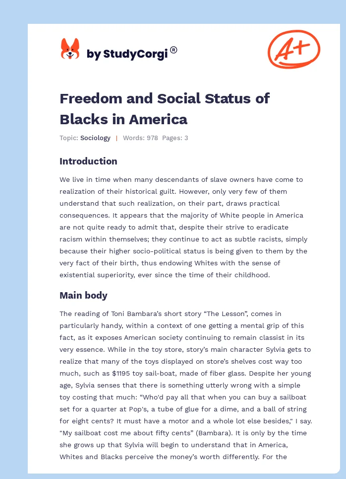 Freedom and Social Status of Blacks in America. Page 1