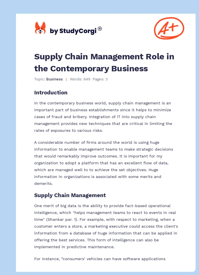 Supply Chain Management Role in the Contemporary Business. Page 1