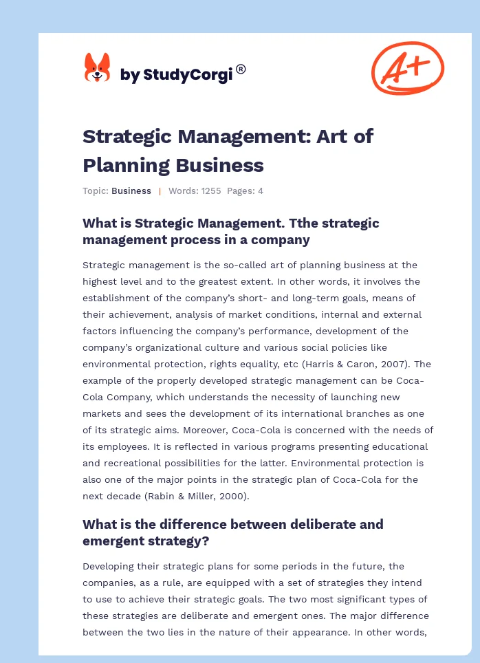 Strategic Management: Art of Planning Business. Page 1