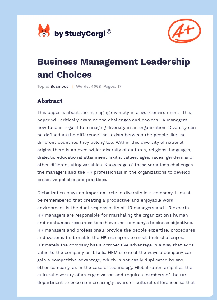 Business Management Leadership and Choices. Page 1