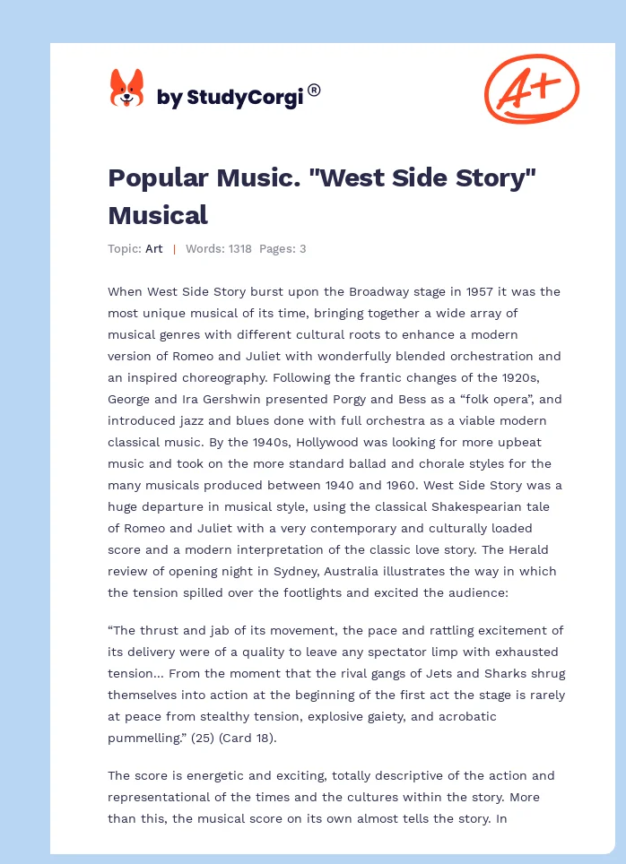 Popular Music. "West Side Story" Musical. Page 1