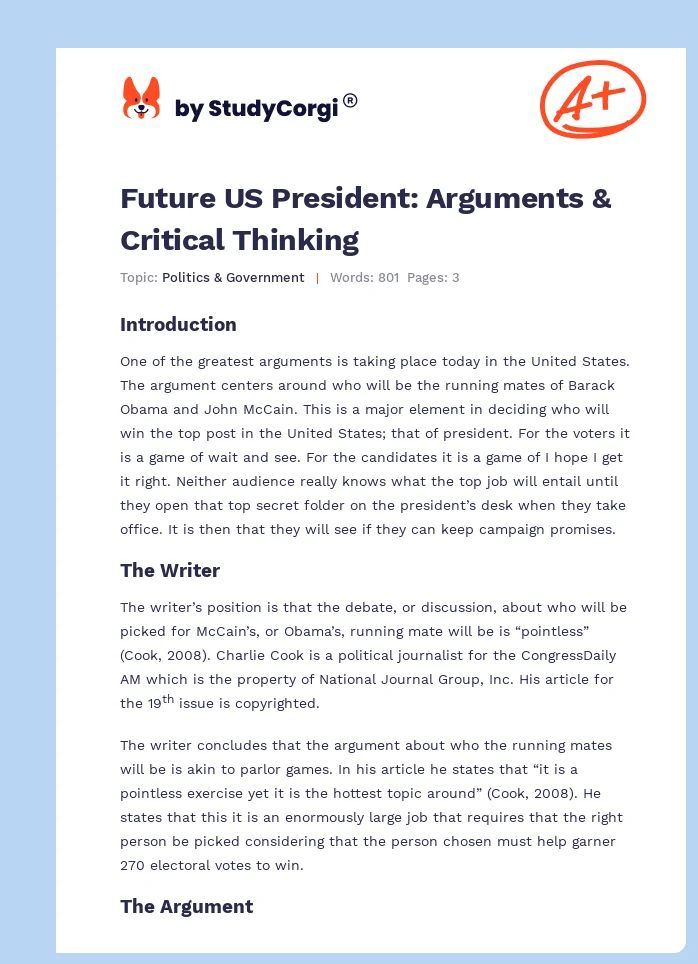 Future US President: Arguments & Critical Thinking. Page 1