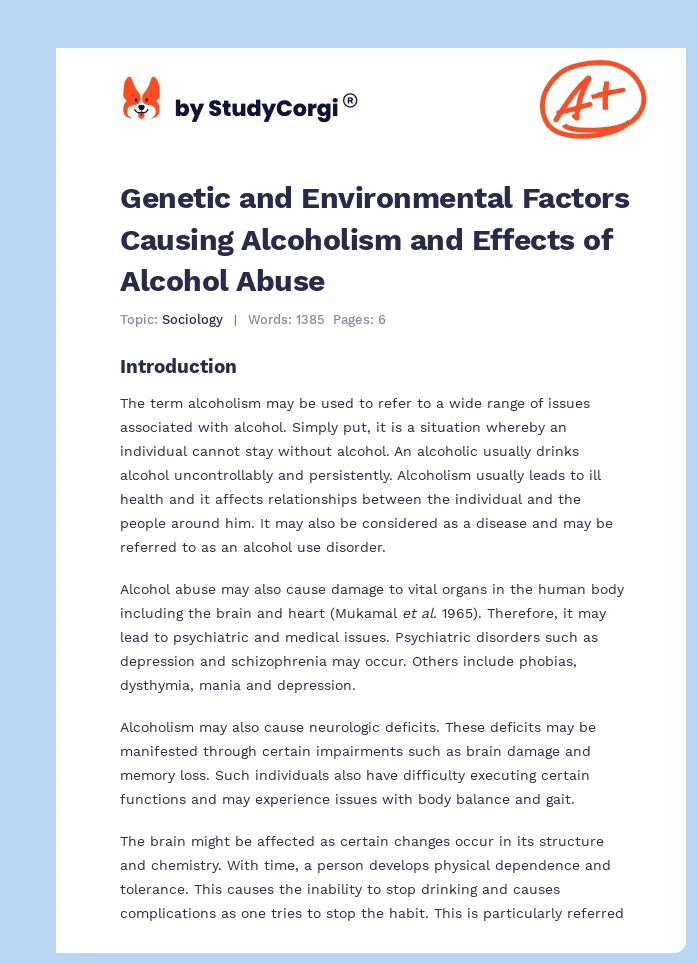 Genetic and Environmental Factors Causing Alcoholism and Effects of Alcohol Abuse. Page 1