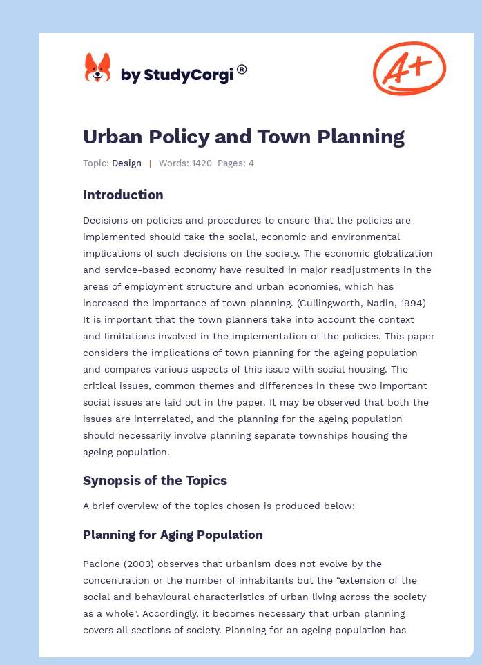 Urban Policy and Town Planning. Page 1